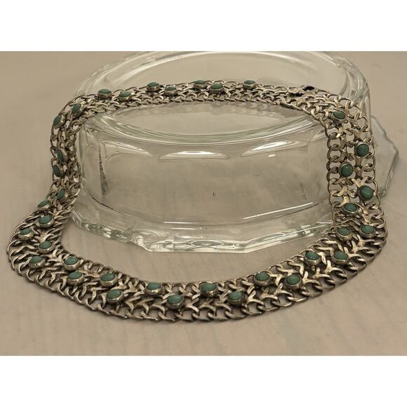 Vintage Mexican Sterling/Green Turquoise Cabochon TNC Collar/Choker NECKLACE 66g - Picture 6 of 8